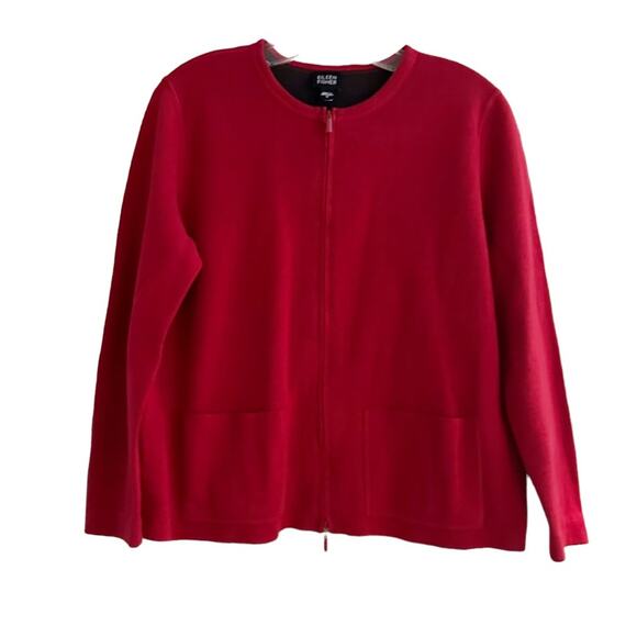 Eileen Fisher Red Knit Cotton Sweater Cardigan Front Zip Pockets Small - Picture 2 of 12